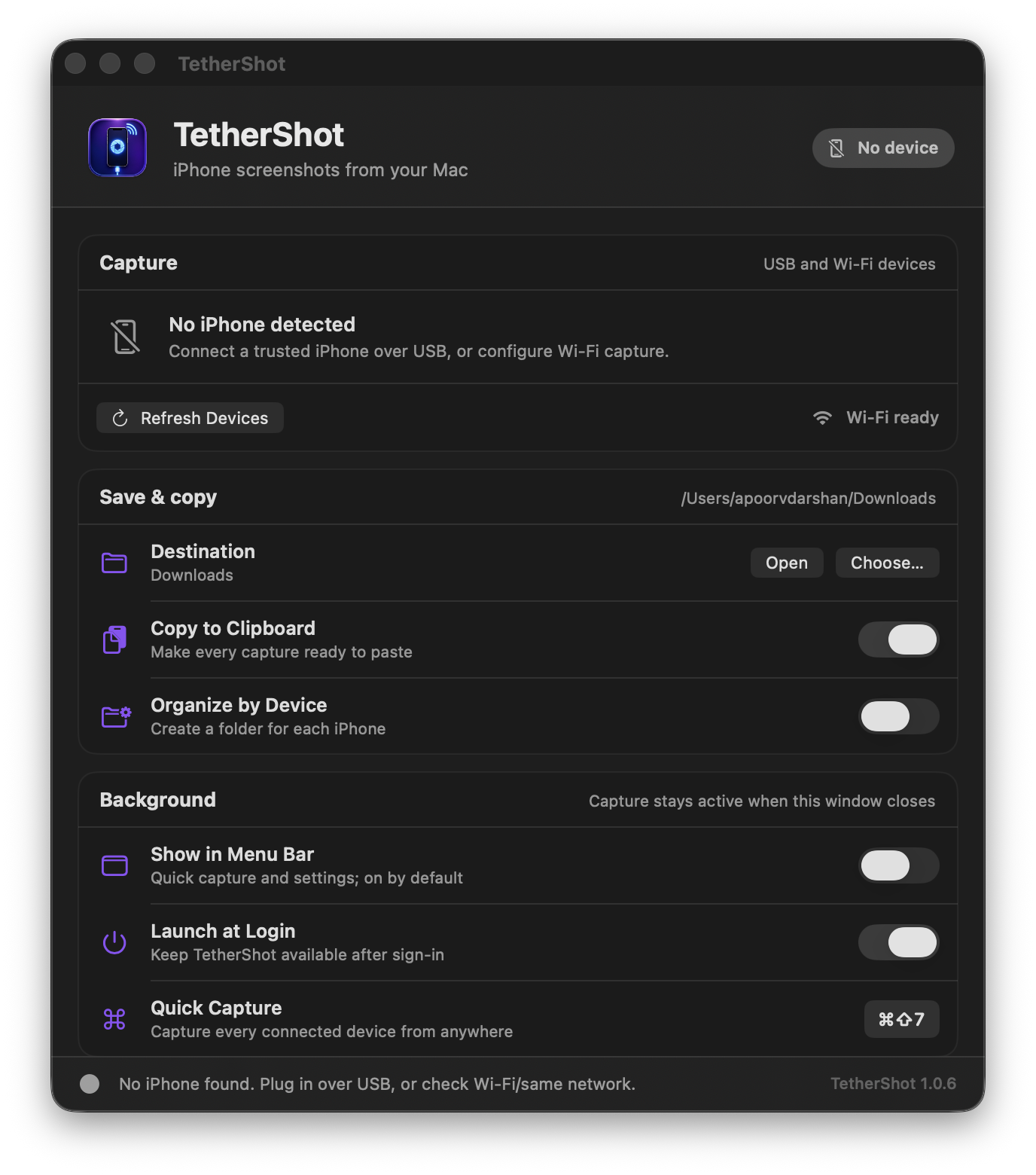 TetherShot native macOS settings window