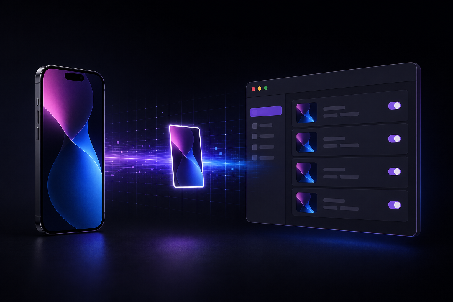 An iPhone screenshot traveling through a violet beam into TetherShot on a Mac